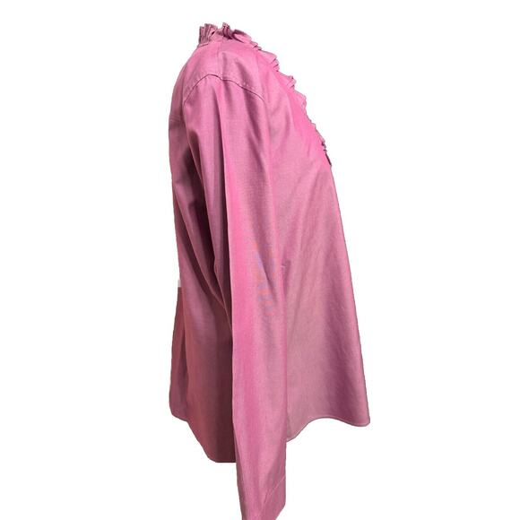 Orvis Blouse 18 Womens Button Up Shirt Ruffle Neck Iridescent Pink Purple Office - Picture 6 of 8